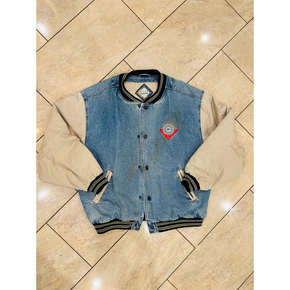 Vintage 90s Gear For Sports Acid Wash Denim Varsity Jacket Metro Milwaukee L